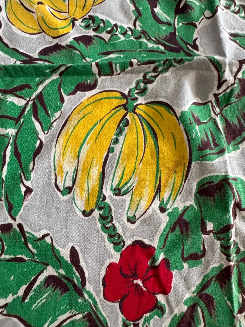 Vintage 1950’s Tropical Banana Hibiscus Tablecloth 34“ Square Crochet Edge MCM